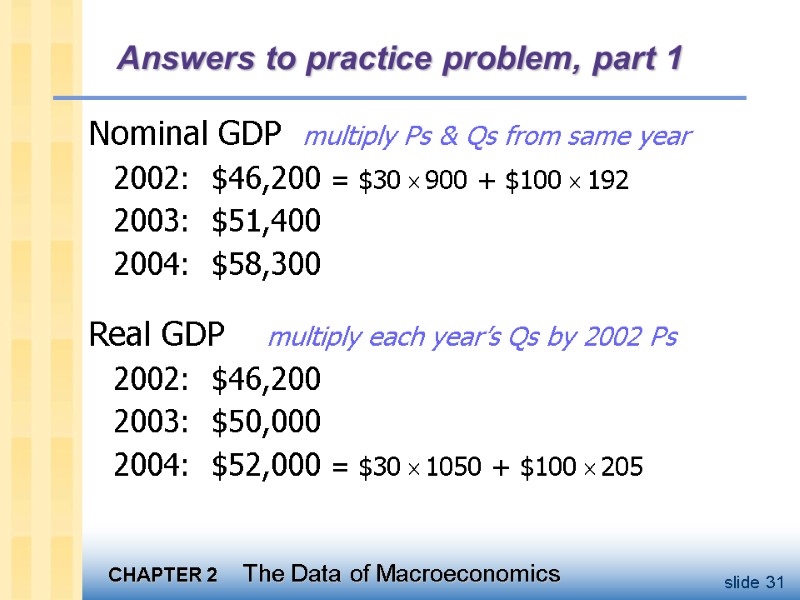Answers to practice problem, part 1 Nominal GDP  multiply Ps & Qs from